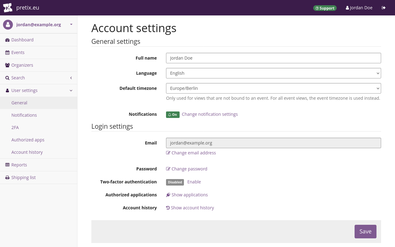 Account settings "Page titled 'Account settings', displaying settings for 'Full name', 'Language', 'Default timezone', 'Notifications', 'Email', 'Password', 'Two-factor authentication', 'Authorized applications', and 'Account history'."