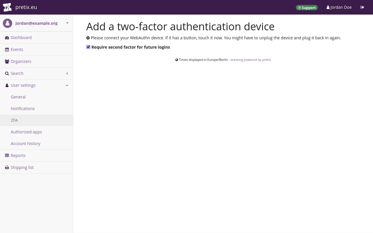 Add a two-factor authentication device—Hardware "Page titled 'Add a two-factor authentication device', instructing you to connect a WebAuthn device."