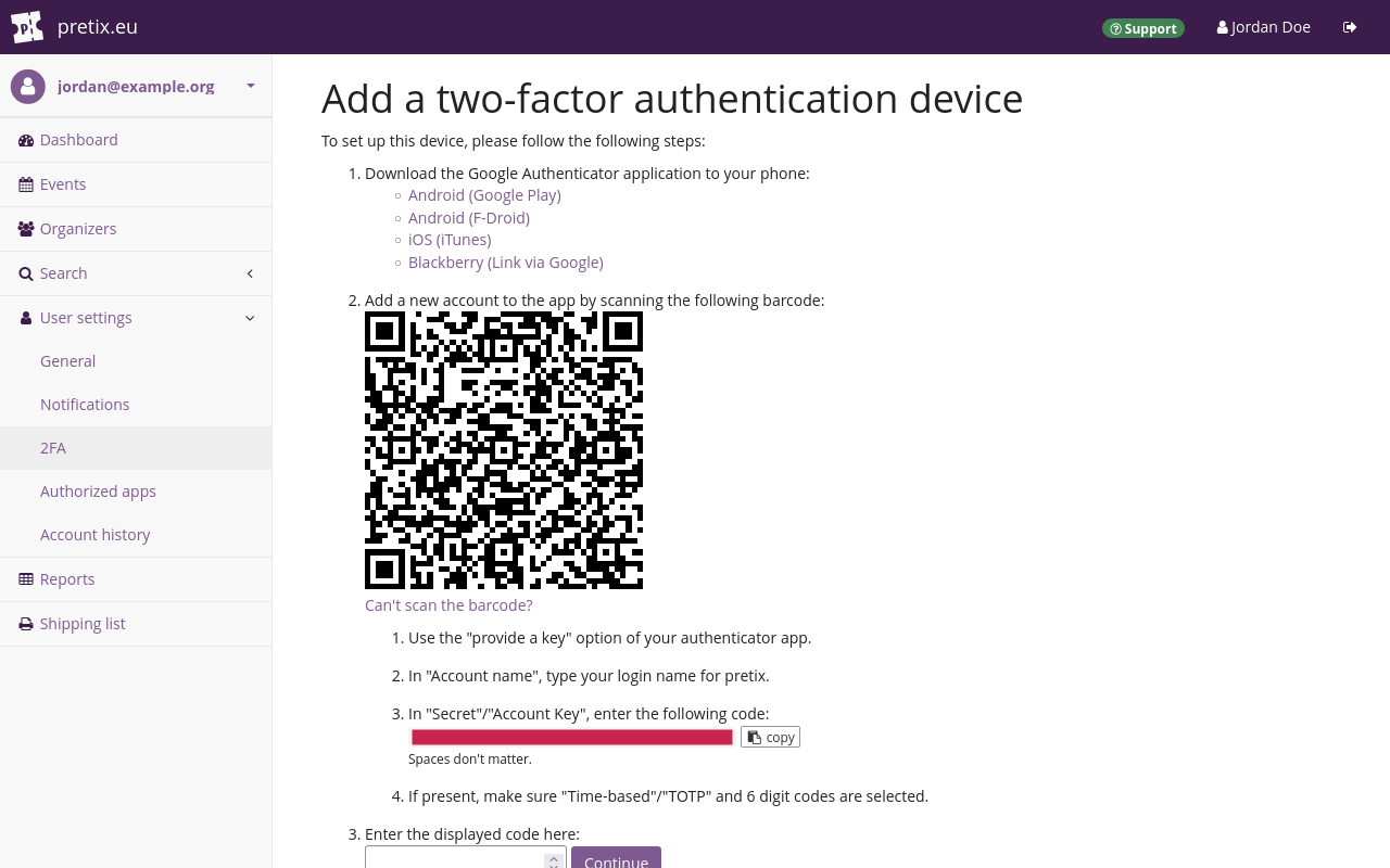 Add a two-factor authentication device—App "Page titled 'Add a two-factor authentication device', instructing you to download an authenticator app, scan a QR code, alternatively enter a code in the app, and then enter the code from the app in the pretix backend."