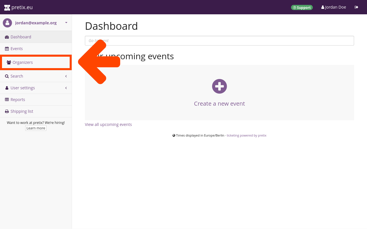 i-ticket.app/control dashboard, showing upcoming events, a button for creating a new event, the mail address of the account currently logged in, and a sidebar with the following options: Dashboard, Events, Organizers, Search, User settings, Reports, Shipping list