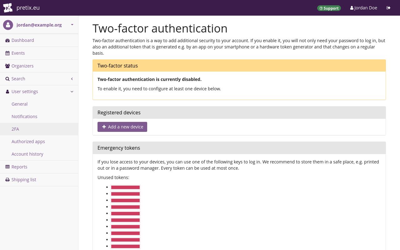 Two-factor authentication "Page titled 'Two-factor authentication', displaying the 'Two factor status' as 'currently disabled', a button for adding a new registered device, and emergency tokens."