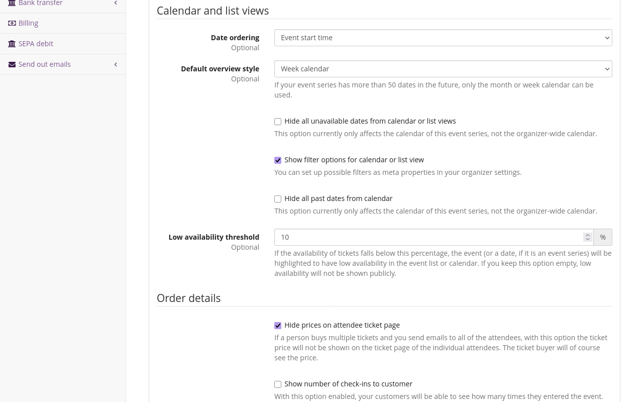 Display–Calendar list and views Page displaying the headline 'Calendar list and views'. Under 'Default overview style', the option 'Week calendar' has been selected.