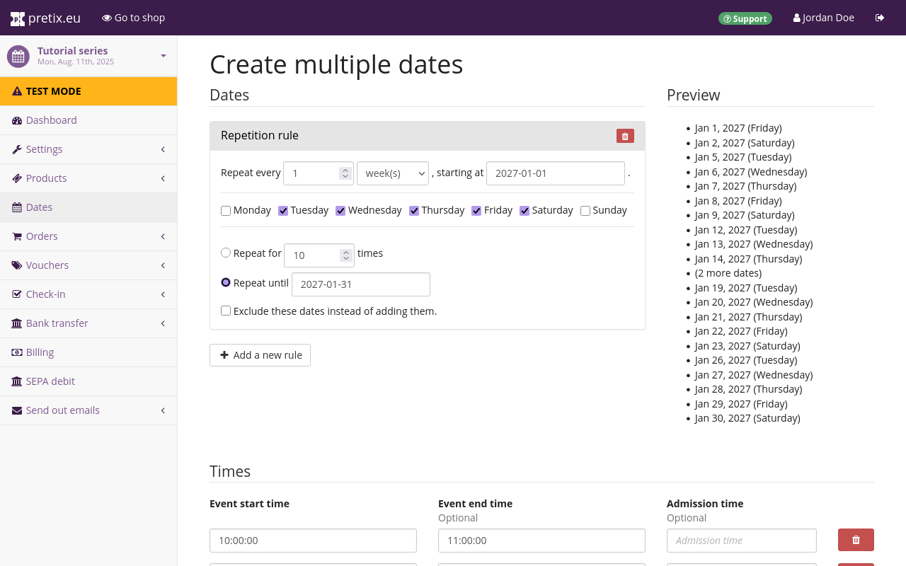 Create multiple dates Page titled 'Create multiple dates', with selections made as described above. A preview listing all dates to be created is displayed on the right.