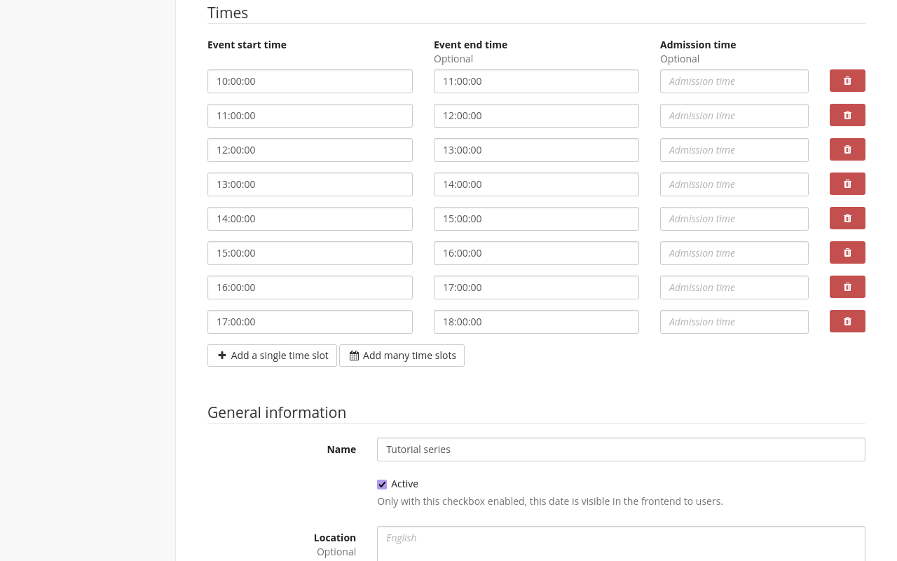 Create multiple dates–Times Page displaying the headline 'Times' and eight time slots ranging from 10 AM to 6 PM, each lasting an hour with no admission time specified.