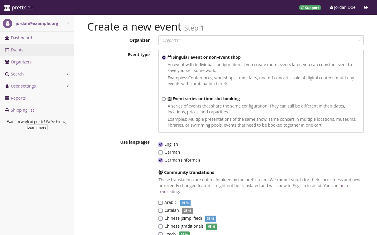Screenshot of page titled "Create new Event—Step 1", showing options for choosing an organizer account, the event type, and languages to be used.