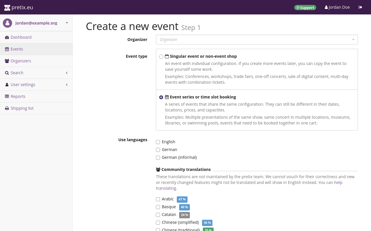 Create a new event Page titled 'Create a new event (Step 1)'. Under 'Event type' the option 'Event series or time slot booking' is selected'