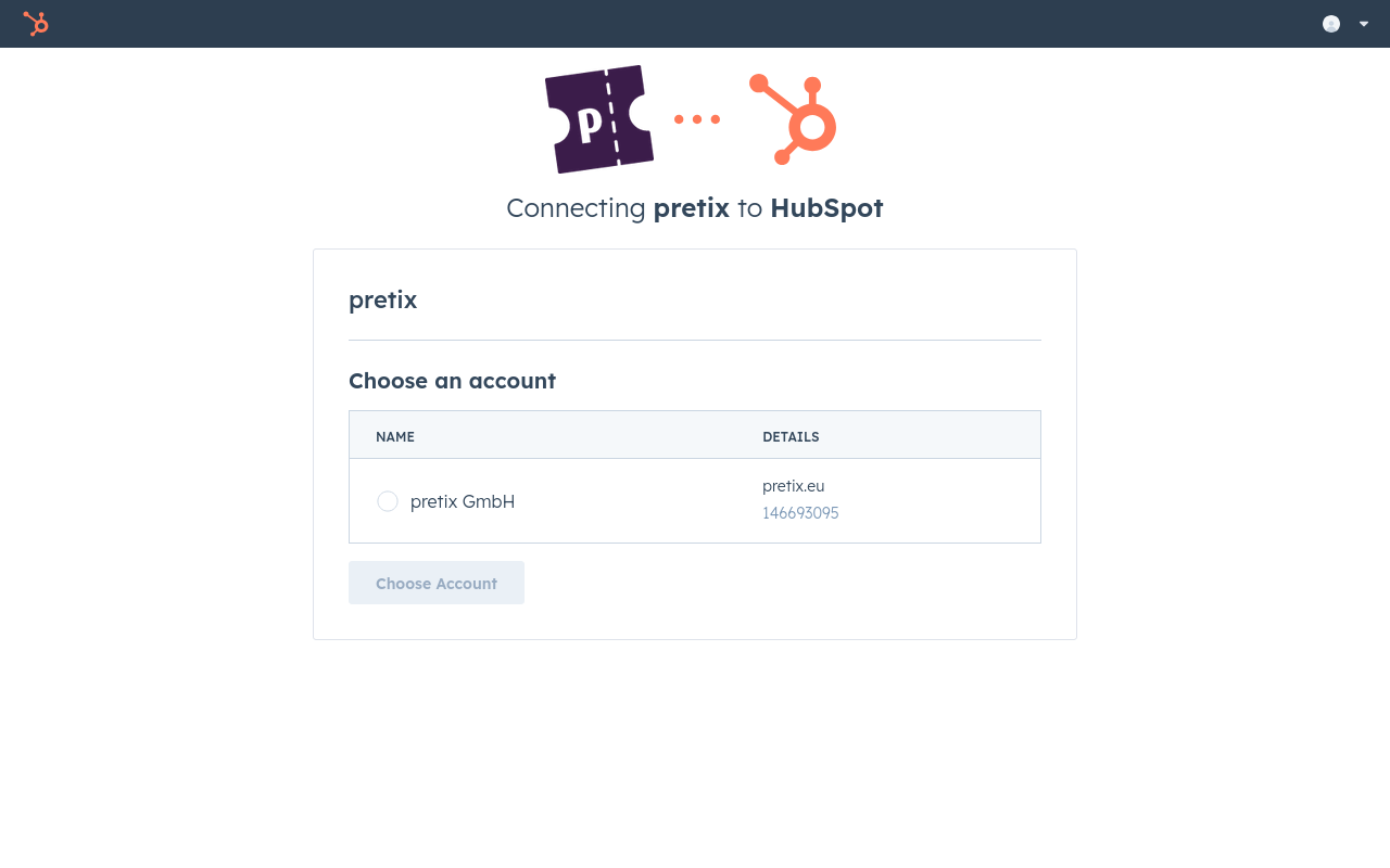 Choose account Page titled 'Connecting i-ticket to HubSpot', displaying a list of accounts to choose from and a button labeled 'Choose account'.