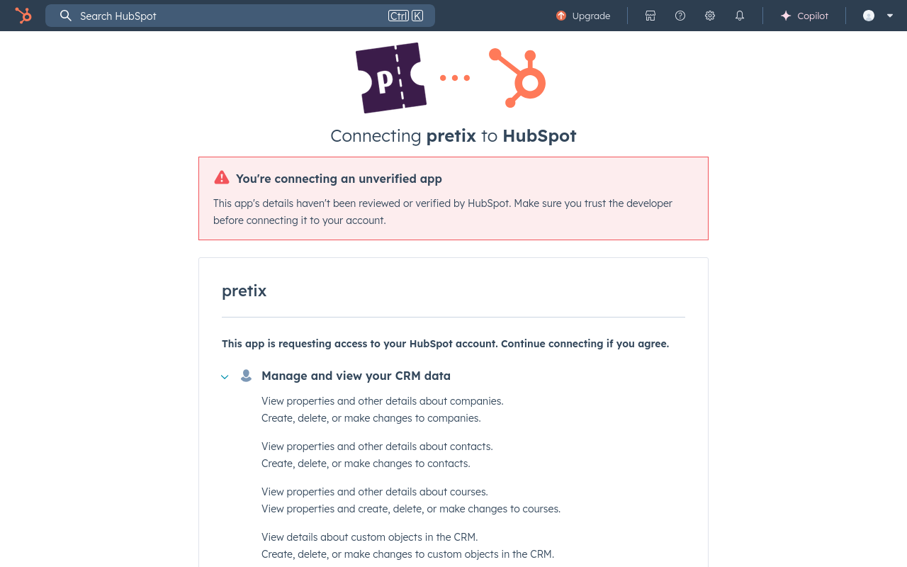 Connect app Page titled 'Connecting i-ticket to HubSpot', displaying a warning that 'You're connecting an unverified app' and a list of permissions for changes i-ticket needs to be able to make in HubSpot