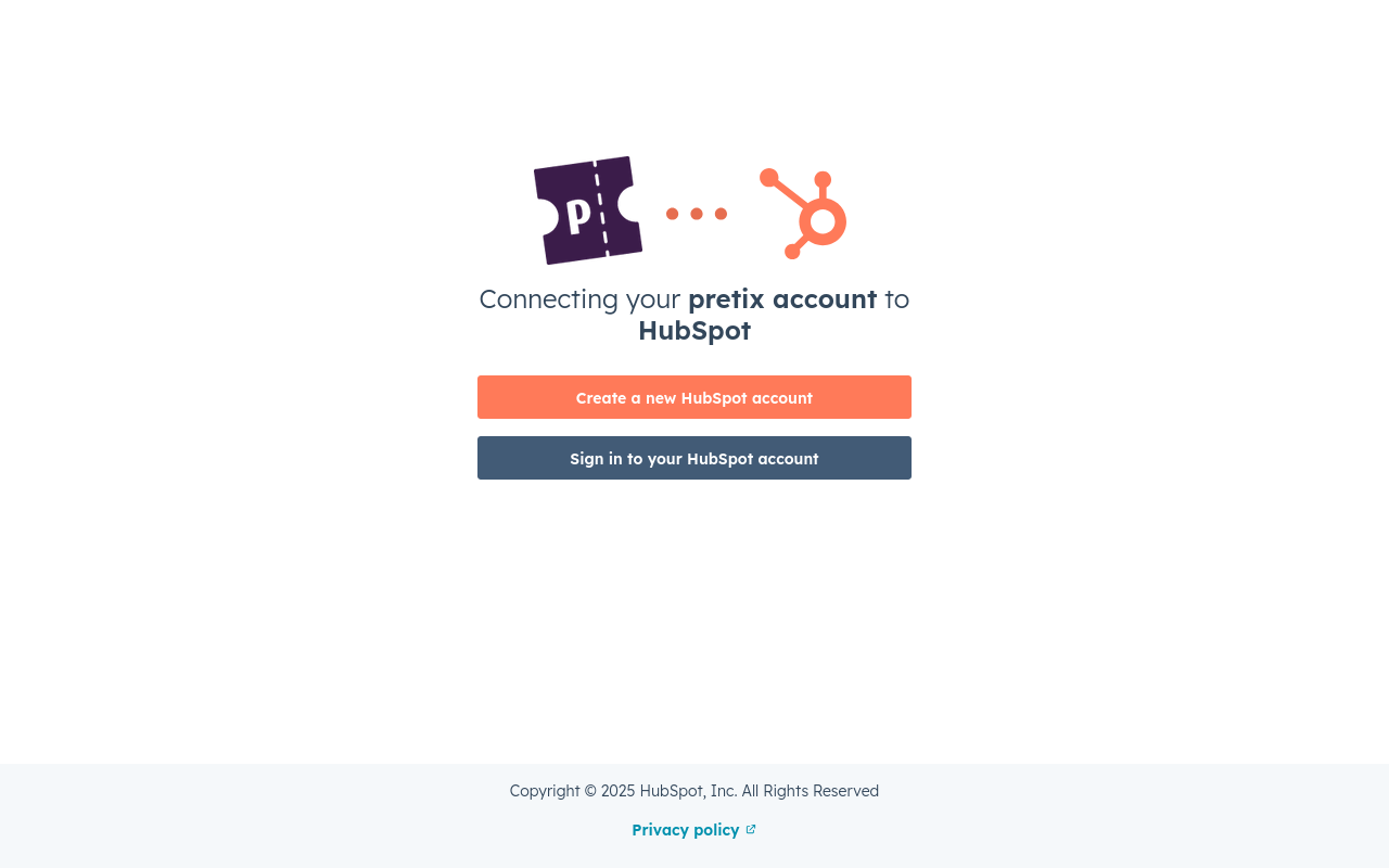 Connecting your i-ticket account to HubSpot Page titled 'Connecting your i-ticket account to HubSpot', displaying the i-ticket and HubSpot logos and buttons labeled 'Create a new HubSpot account' and 'Sign in to your HubSpot account'.