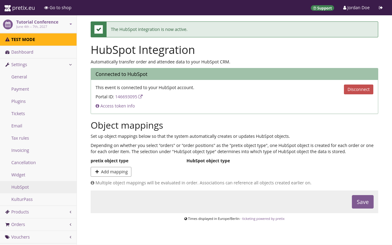 HubSpot Integration active Page titled 'HubSpot Integration', displaying a green message box saying 'The HubSpot integration is now active', a box with the status of the HubSpot connection, and settings for object mappings.
