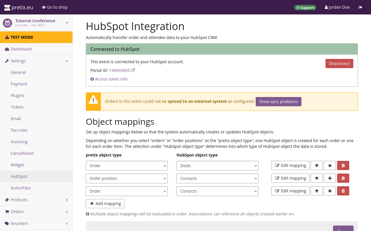 HubSpot Integration Error Page titled 'HubSpot Integration', displaying, among other things, a yellow warning box with the text 'Orders in this event could not be synced to an external system as configured' and a purple button labeled 'Show sync problems'.