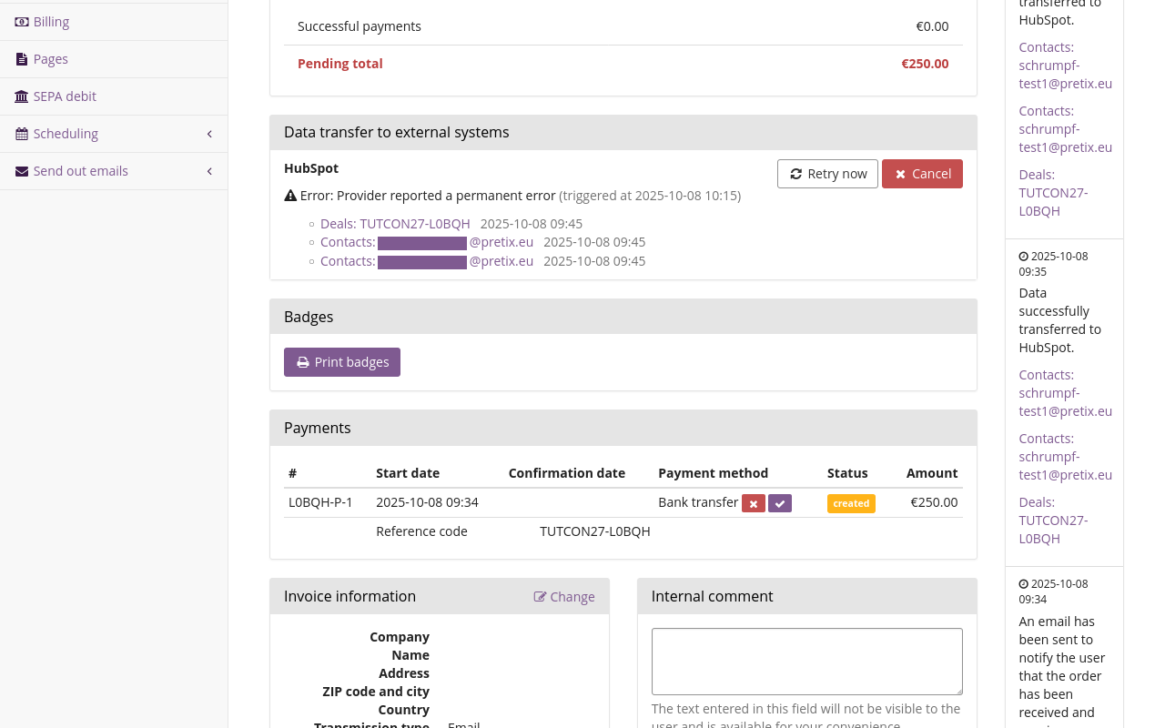 Data transfer error on an order Page for an individual order, displaying, among other things, a box titled 'Data transfer to external systems'. The box displays the headline'HubSpot', the message 'Error: Provider reported a permanent error', the time the synchronization was triggered, the faulty entries in the HubSpot database, and buttons for retrying and canceling the data transfer.