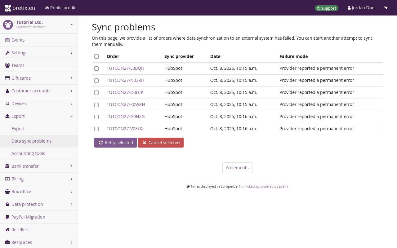 Organizer sync problems Page titled 'Sync problems', displaying a list of orders with columns for order code, sync provider, date, and failure mode. The sync provider is 'HubSpot' and the failure mode is 'Provider reported a permanent error' for every entry.