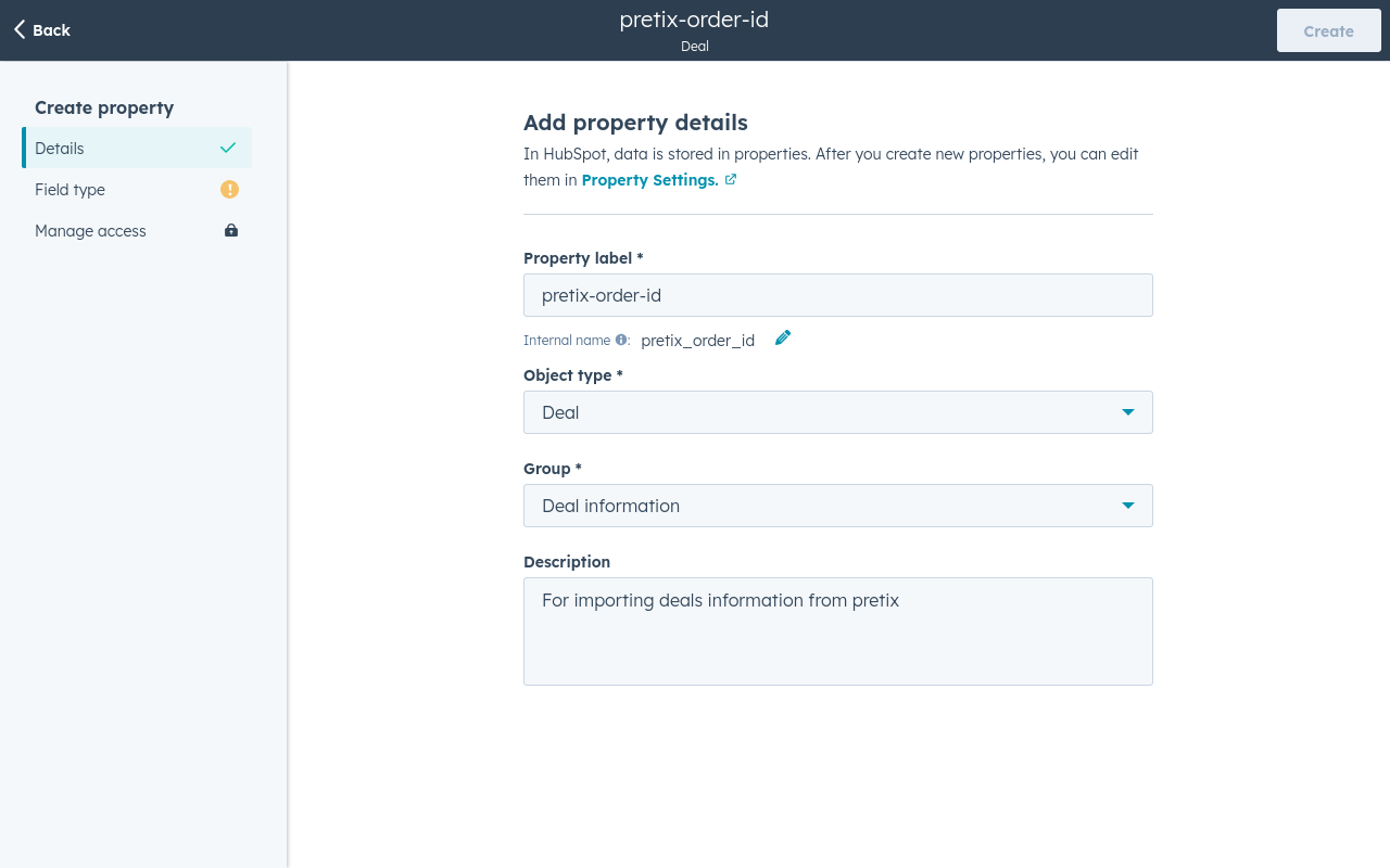 HubSpot Add property details HubSpot page titled 'Add property details', displaying the properties described above plus an optional description field: 'For importing deal information from pretix'.