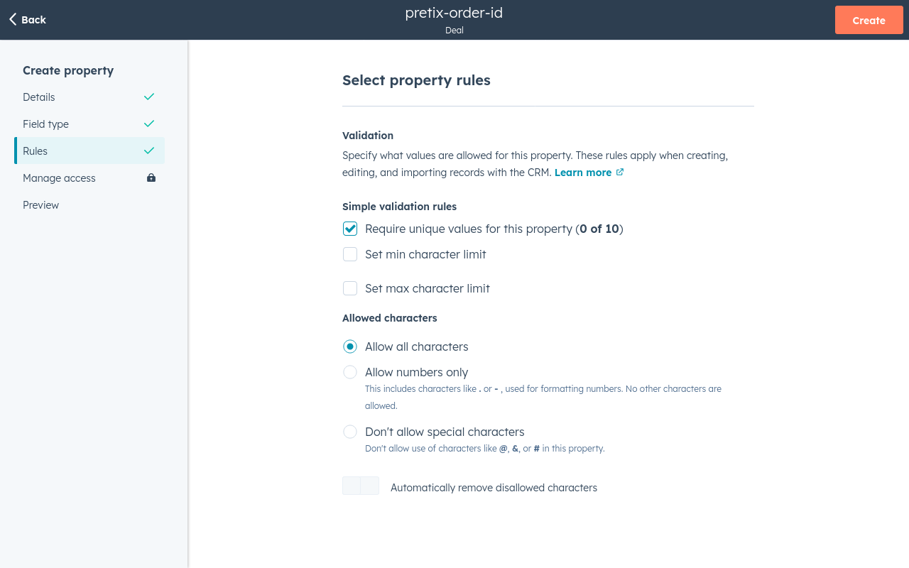HubSpot Select property rules HubSpot page titled 'Select property rules', displaying, among other things, the subheading *Simple validation rules' and the activated checkbox 'Require unique values for this property (0 of 10) .