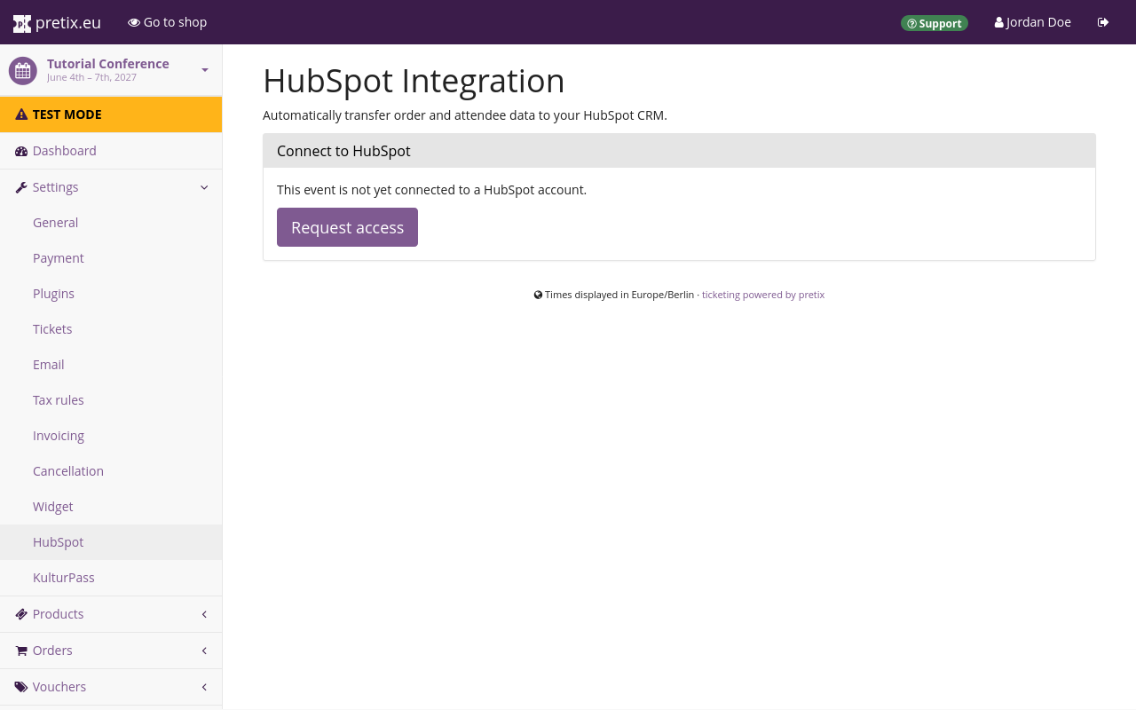 HubSpot Integration Request access Page titled 'HubSpot Integration', displaying a large purple button labeled 'Request access'.