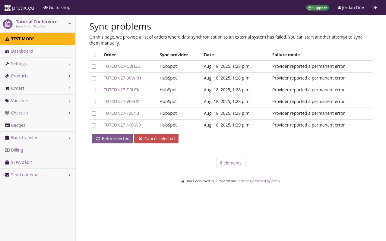 Sync problems Page titled 'Sync problems', displaying a list of orders with columns for order code, sync provider, date, and failure mode. The sync provider is 'HubSpot' and the failure mode is 'Provider reported a permanent error' for every entry.