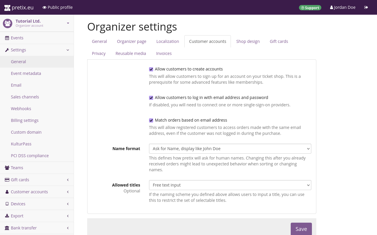 Organizer settings–Customer accounts Organizer settings page, on the Customer accounts tab. The boxes next to 'Allow customers to create accounts', 'Allow customers to create accounts', and 'Allow customers to log in with email address and password' have been checked.