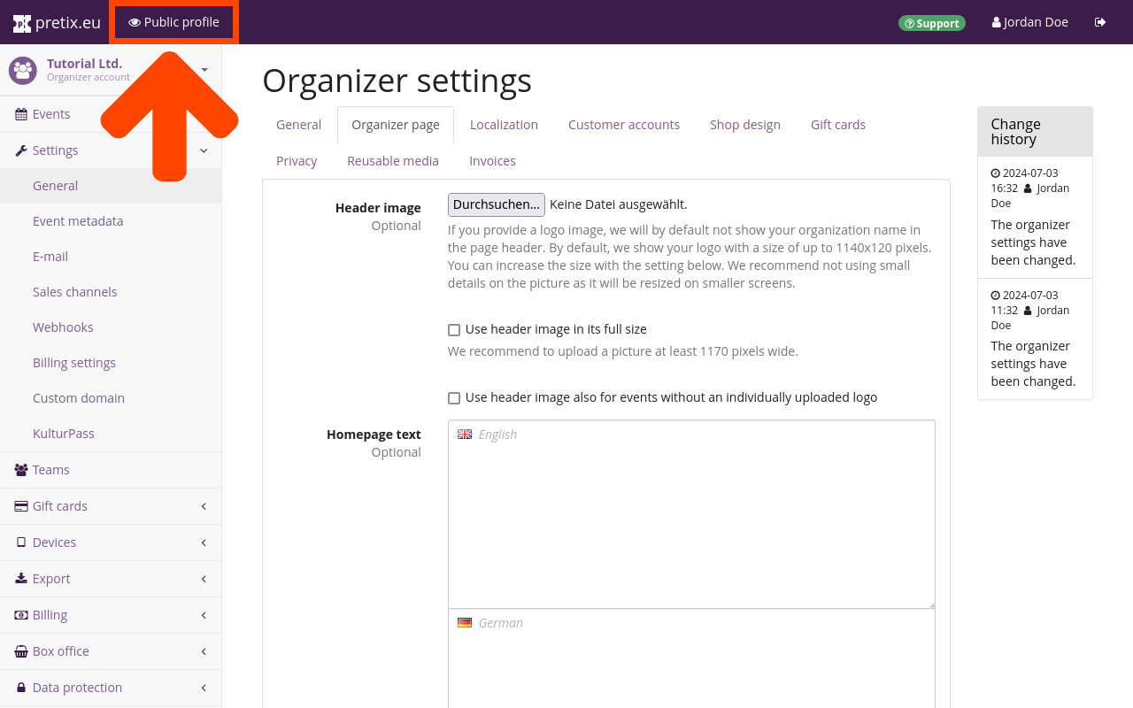 Organizer settings page, on the organizer page tab, showing the following options: Header image, Use header image in its full size, Use header image also for events without an individually uploaded logo, Homepage text in multiple languages. The "public profile" button in the top bar is highlighted.