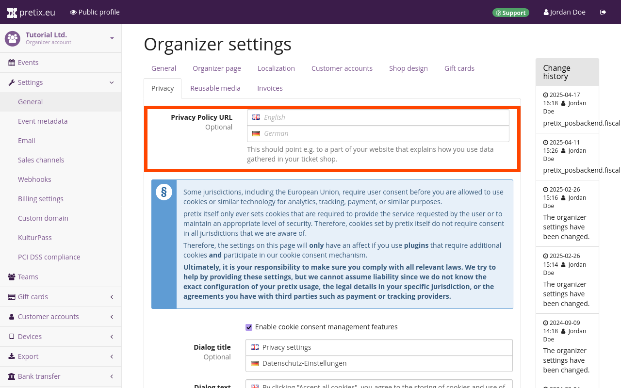 Organizer settings page, on the privacy tab, showing input fields for the URLs to a privacy policy in different languages, a large blue box with legal info, and prefilled text fields for the privacy settings dialog