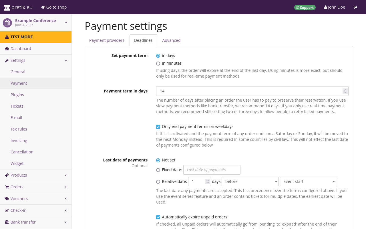 Payment settings page. The 'Deadlines' tab is open, showing various options for settings deadlines.