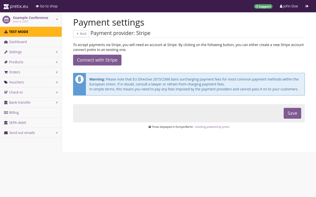 Settings page for Stripe, showing a large purple button labeled 'Connect with Stripe'
