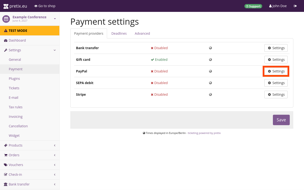 Payment settings page. The 'Payment providers' tab is open, showing a list with the following entries: bank transfer, gift card, PayPal, SEPA debit and Stripe. Gift card is enabled and all other entries are disabled. All entries have 'Settings' buttons next to them. The settings button for PayPal is highlighted.