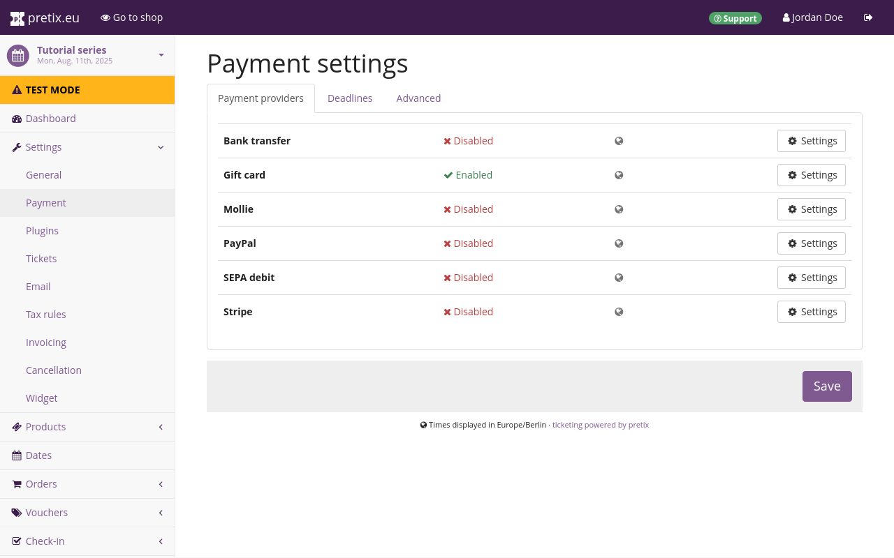 Payment settings page. The 'Payment providers' tab is open, showing a list with the following entries: bank transfer, gift card, PayPal, SEPA debit and Stripe. Gift card is enabled and all other entries are disabled. All entries have 'Settings' buttons next to them. 