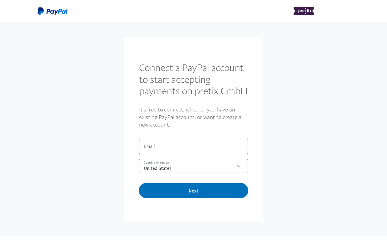 PayPal website with the i-ticket logo in the top right and a dialog in the center telling you to 'Connect a PayPal account to start accepting payments on i-ticket GmbH'. You can enter your email and country or region below.