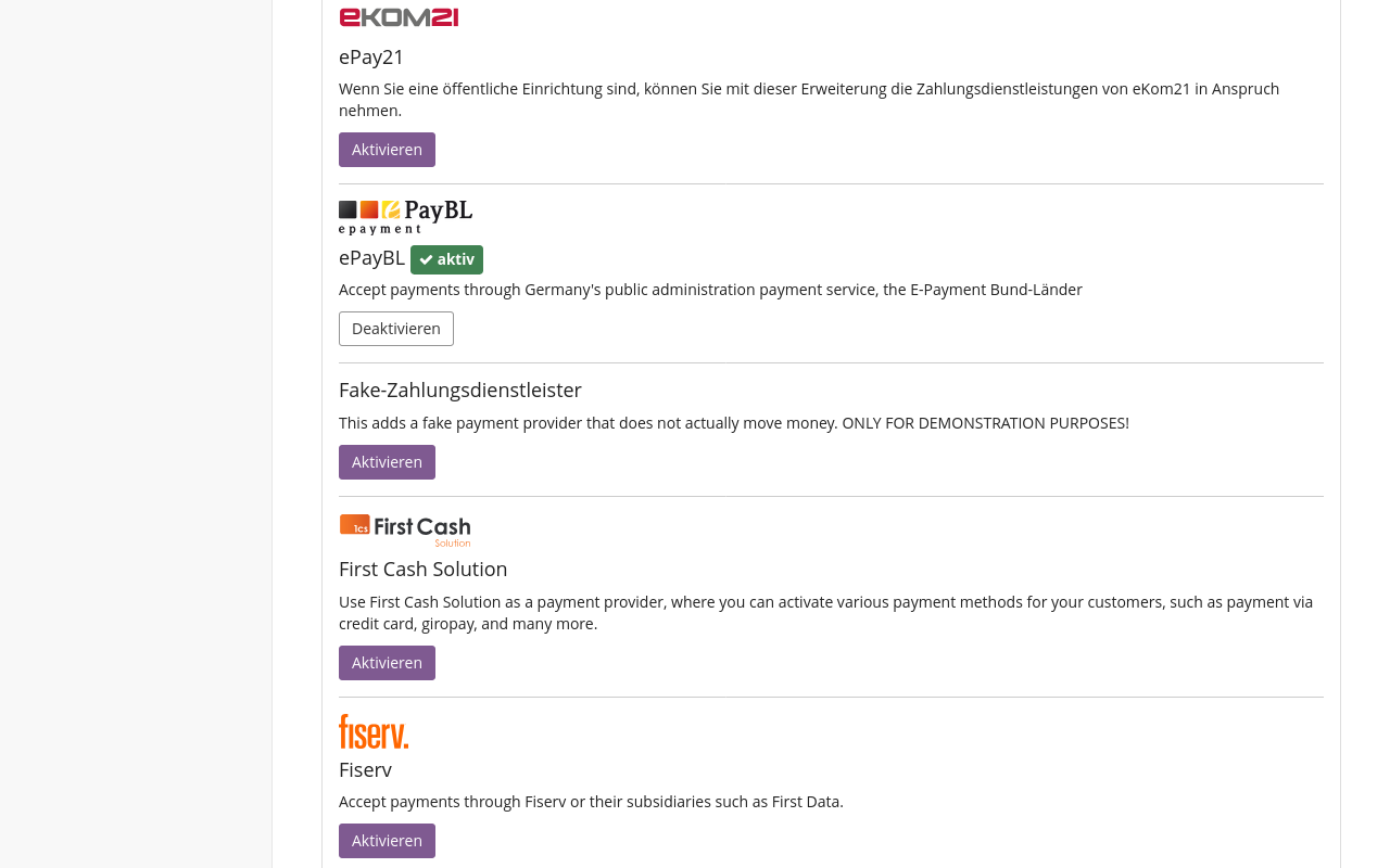 Liste der Erweiterungen Ausschnitt der Liste der Erweiterungen für Zahlungsdienstleister. Unter anderem zeigt die Liste ePayBL an. Dieser Eintrag ist als aktiv markiert und hat einen Button mit der Aufschrift 'Deaktivieren'.