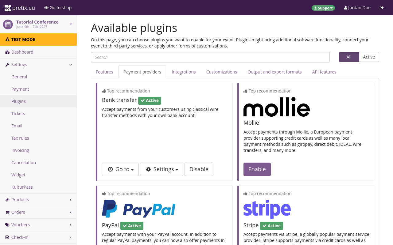 Plugins settings page. The "Payment providers" tab is open, displaying the plugins for bank transfer, Mollie, PayPal, and Stripe, all of which are active.