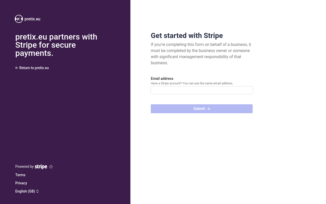 Stripe website with the i-ticket logo on the left, telling you that 'i-ticket.app/control partners with Stripe for secure payments' and a dialog on the right telling you to 'Get started with stripe'. You can enter the email address for your Stripe account below.