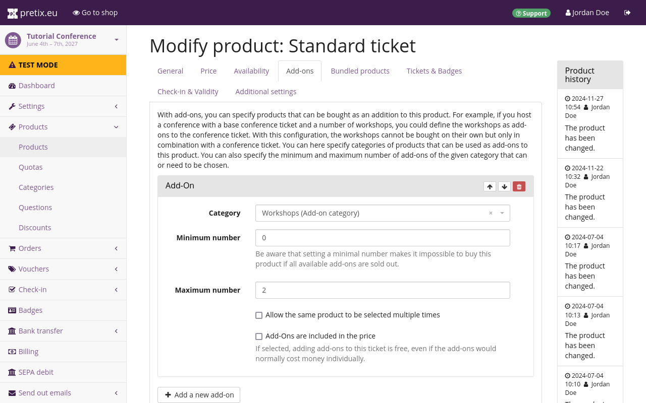 "Edit product" page, on the "Add-ons" tab. The category "Workshops" is selected. The minimum number is 0 and the maximum is 2