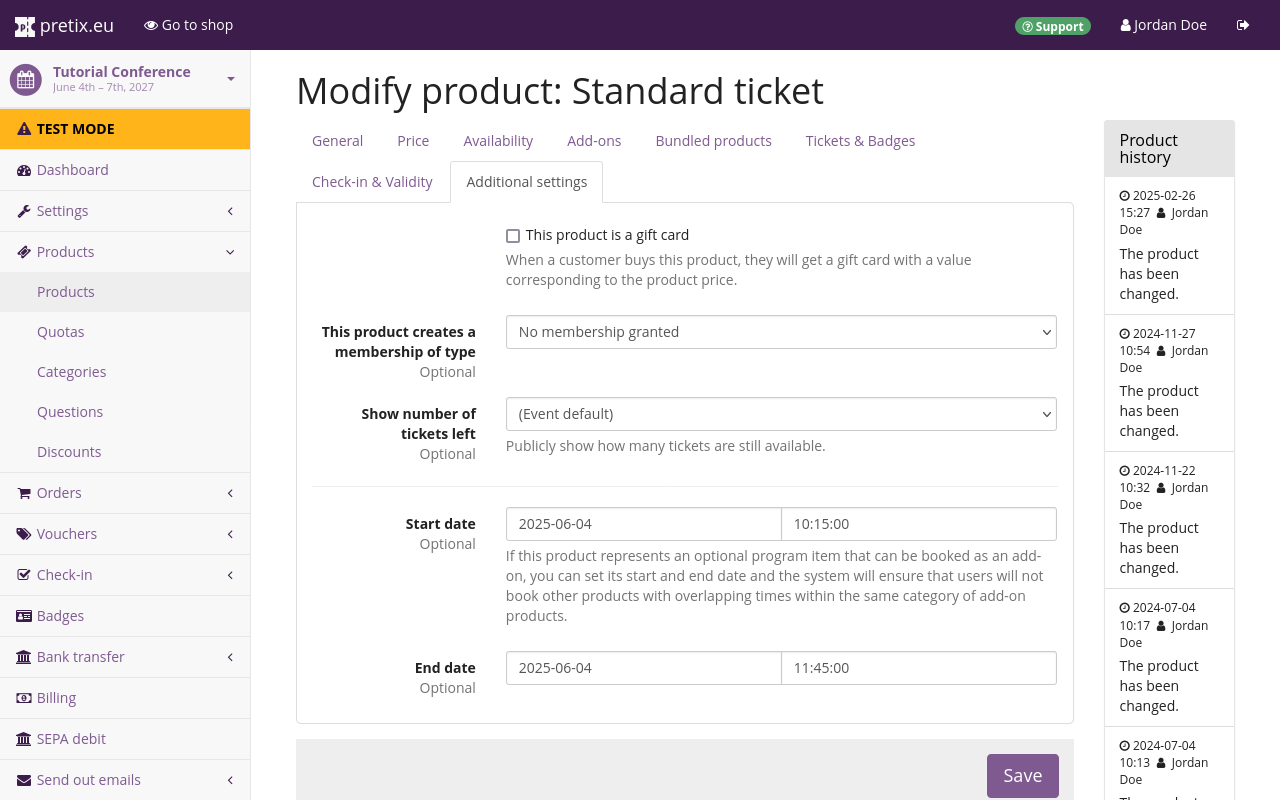 "Edit product" page, on the "Additional settings" tab. Options for "Start date" and "End date" are displayed, and a date and time has been entered for each.
