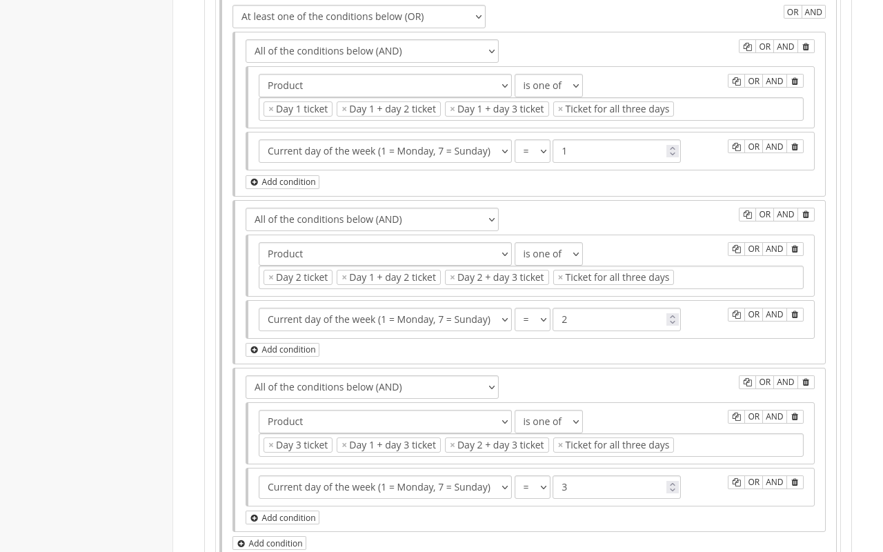 Custom check-in rule with three sets of AND-conditions. The first one demands that the product is one of the products for day one AND that the current day of the week is Monday. The second and third set do the same thing, but for day 2 and Tuesday as well as day 3 and Wednesday respectively. The three sets of AND-conditions are all included in one OR-condition.