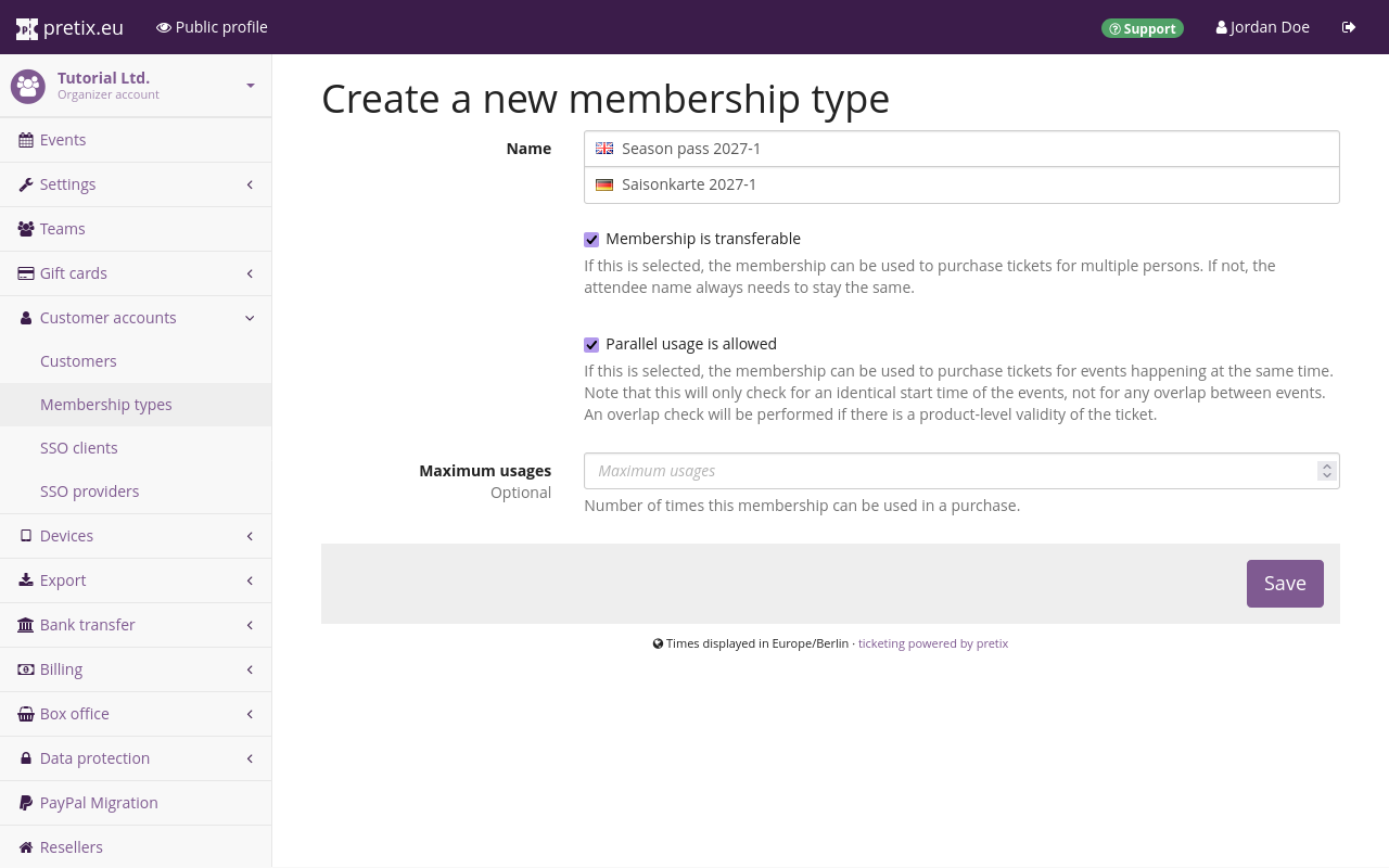 Create a new membership type Page titled Create a new membership type. The name is specified as Season pass 2027-1. The boxes next to 'Membership is transferable' and 'Parallel usage is allowed' are checked. The 'Maximum usages' field is empty.