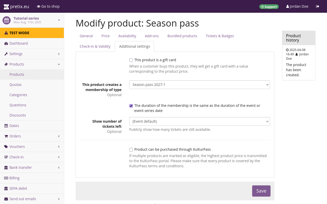 Modify product: Season pass Page titled Modify product: Season pass, on the Additional settings tab. Under 'This product creates a membership of type', the membership 'Season pass 2027-1' is selected. The checkbox next to ' The duration of the membership is the same as the duration of the event or event series date' is checked.