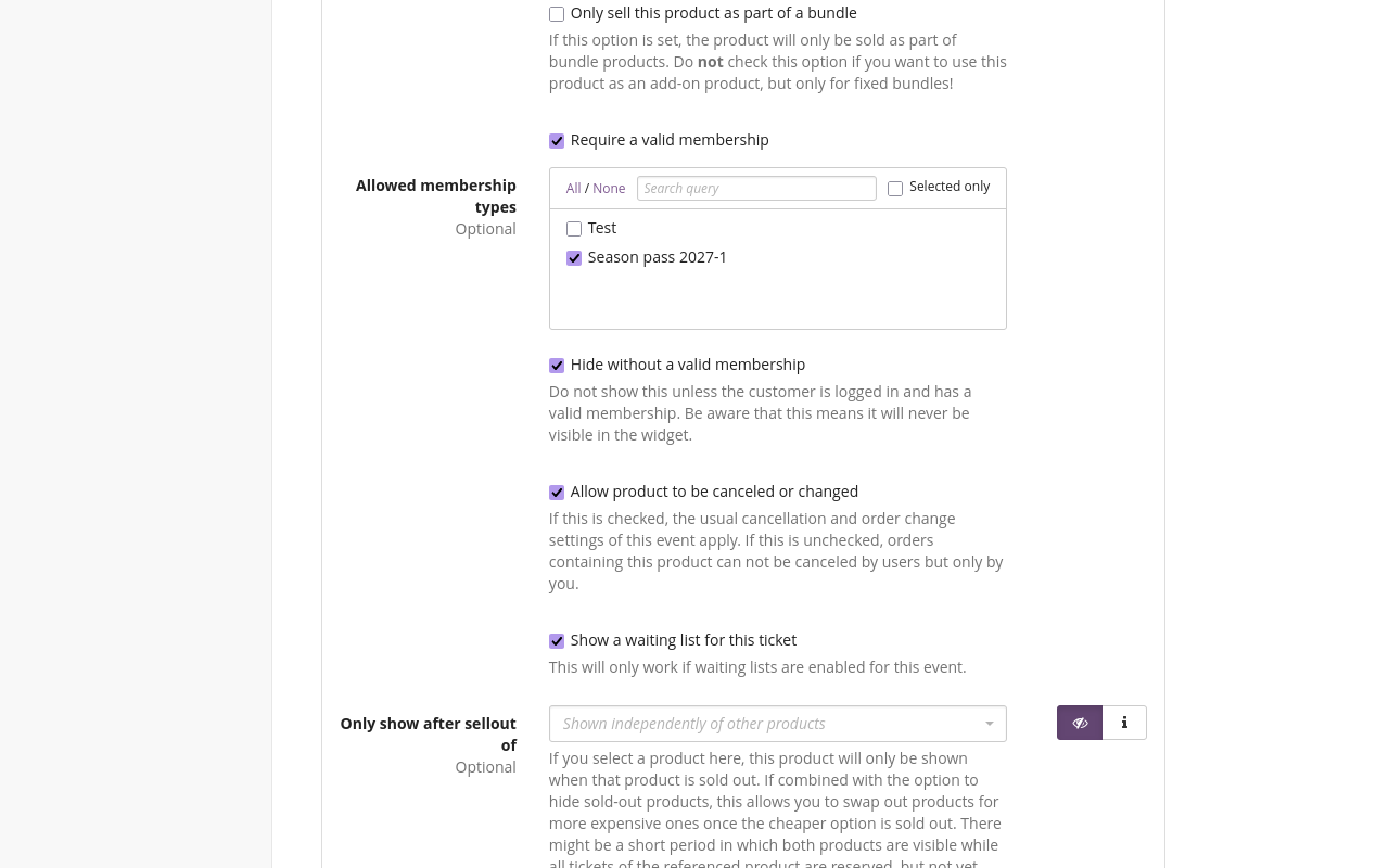 Require a valid membership Page displaying the option 'Require a valid membership', which is checked, and 'Allowed membership types', under which 'Season pass 2027-1' is selected. The box next to 'Hide without a valid membership' is checked.