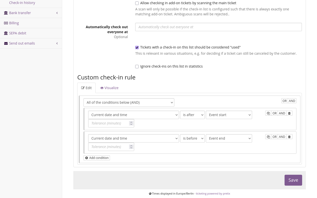 Custom check-in rule Custom check-in rule page set up according to the instructions above.