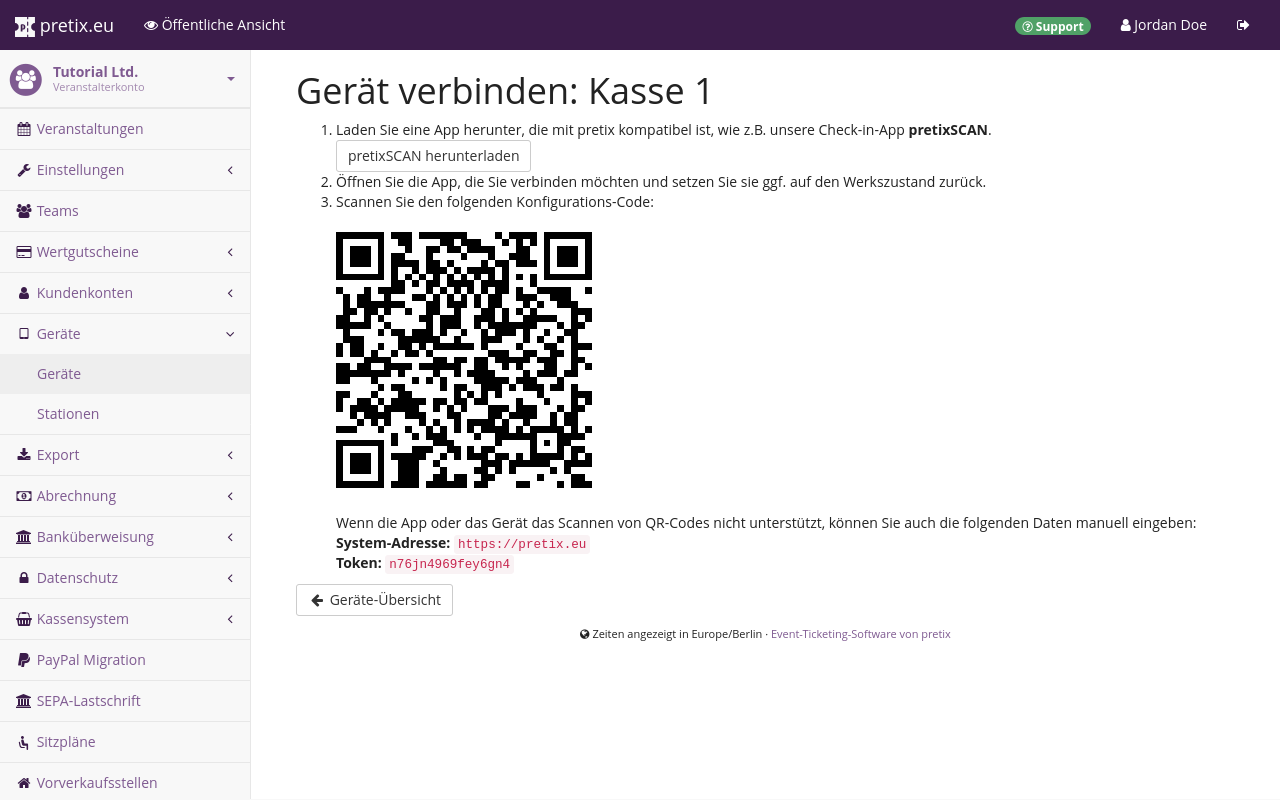 Gerät verbinden: Kasse 1 Seite mit Titel 'Gerät verbinden: Kasse 1', die einen Button zum Herunterladen von pretixSCAN, einen QR-Code, eine Systemadresse und ein Token anzeigt.