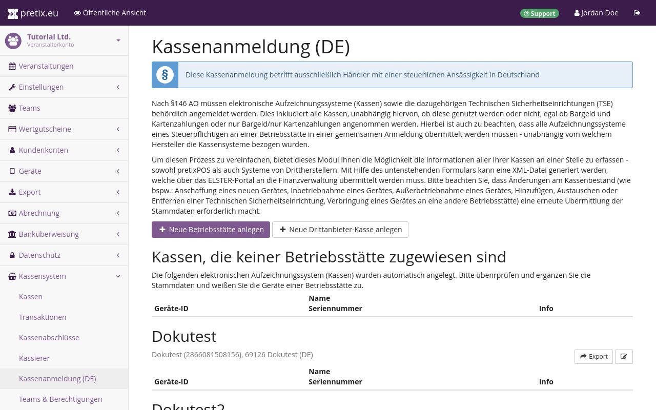 Kassenanmeldung (DE) Seite mit Titel 'Kassenanmeldung (DE)' mit Hinweisen zu rechtlichen Hintergründen und zur Funktion der Seite sowie einer Liste von Kassen mit den Zwischenüberschriften 'Kassen, die keiner Betriebsstätte zugewiesen sind', 'Dokutest' und 'Dokutest2'.