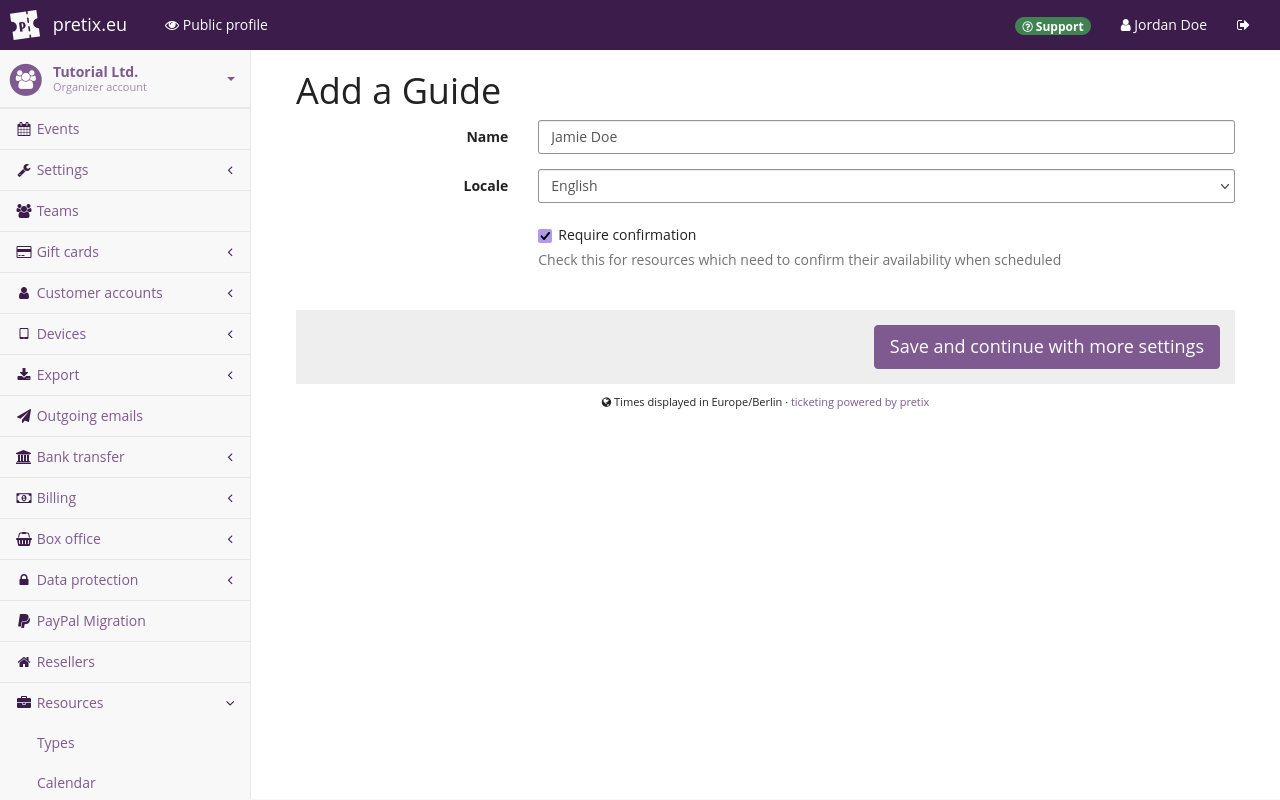 Page titled 'Add a Guide', displaying input fields for name 'Jamie Doe', locale 'English', and a checked box labeled 'Require confirmation'. 