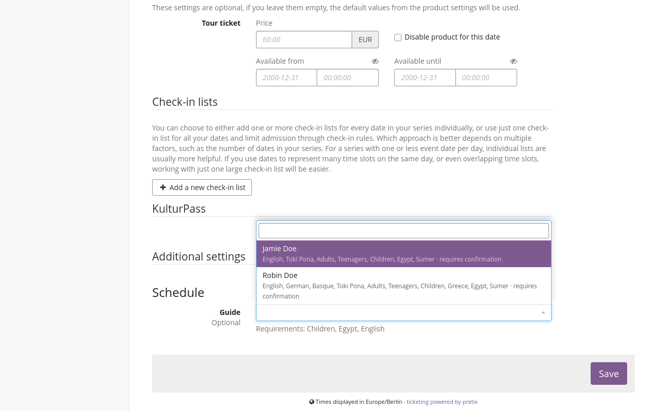Date settings page, scrolled to the bottom. The section 'Additional settings' has the subheading 'Schedule' with a dropdown menu for 'Guide'. The dropdown is opened, showing the result 'Jamie Doe' with properties 'English, Toki Pona, Adults, Teenagers, Children, Egypt, Sumer · requires confirmation