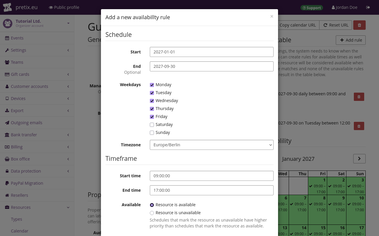Page with a popup open titled 'Add a new availability rule'. Under 'Schedule', there are inputs for start, end, weekdays, and timezone. Under 'Timeframe', there are inputs for start time and end time as well as a toggle labeled 'Available' with the options 'Resource is available' and 'Resource is unavailable'.