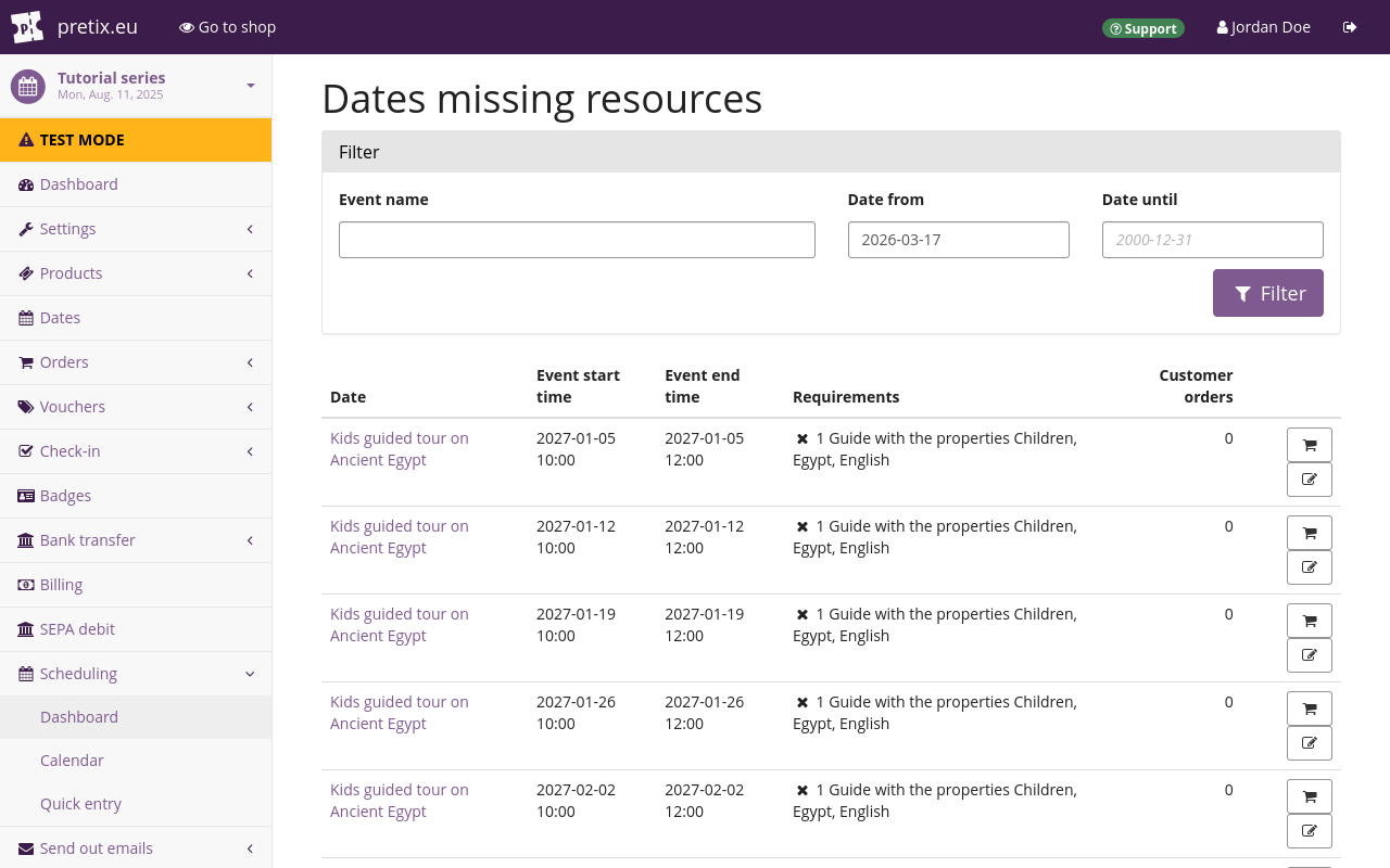 Page titled 'Dates missing resources' listing several dates called 'Kids guided tour on Ancient Egypt (eng)' along with start and end times, requirements, customer orders, and buttons for viewing orders for the date or editing the date. The first entry has a check under 'Requirements', the others have an X.