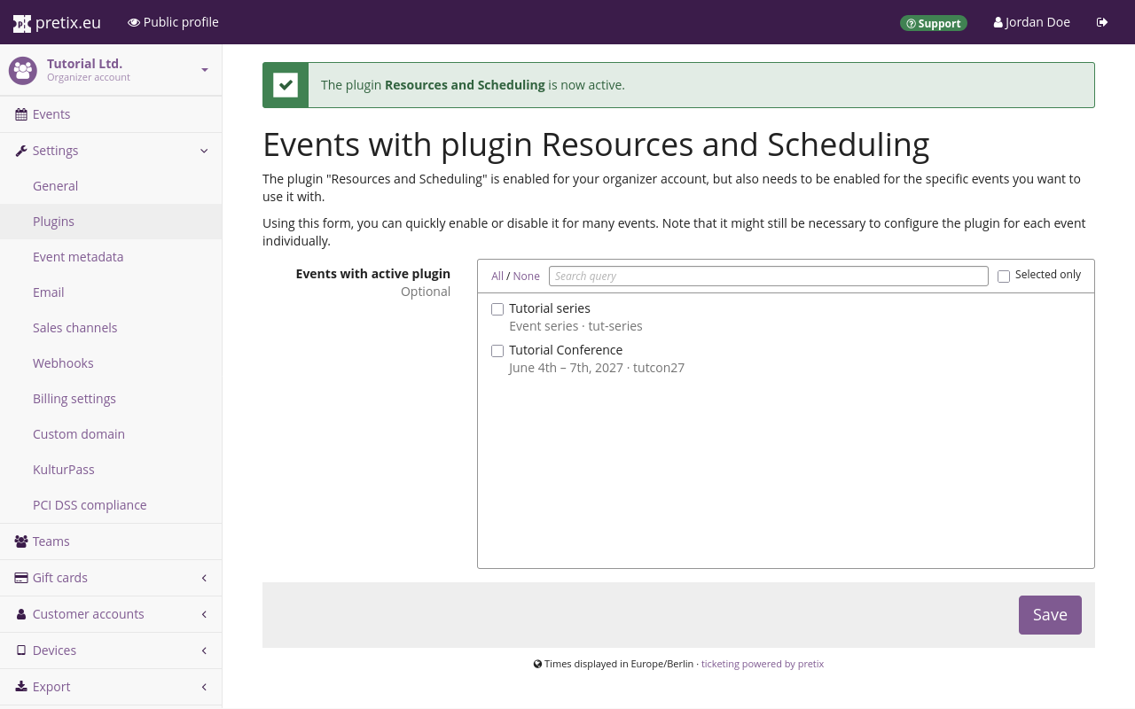 Page titled 'Events with plugin Resources and Scheduling', displaying a green infobox saying 'The plugin Resources and Scheduling is now active' as well as a list of events for which the plugin can be enabled or disabled.