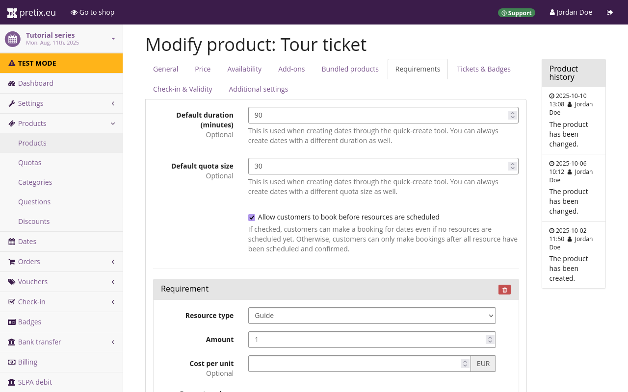 Page titled 'Modify product: Tour ticket' with the 'Requirements' tab open. The 'Default duration (minutes)' is '90'. The 'Default quota size' is '30'. The box 'Allow customers to book before resources are scheduled' is checked. Under 'Requirements', the resource type 'Guide' is selected with an 'Amount' of '1'.