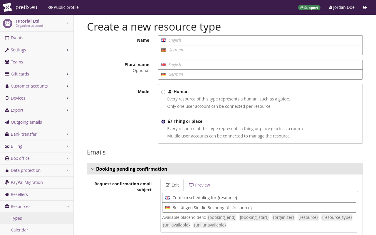Page titled 'Create a new resource type', displaying inputs for name and plural name, as well as email settings.