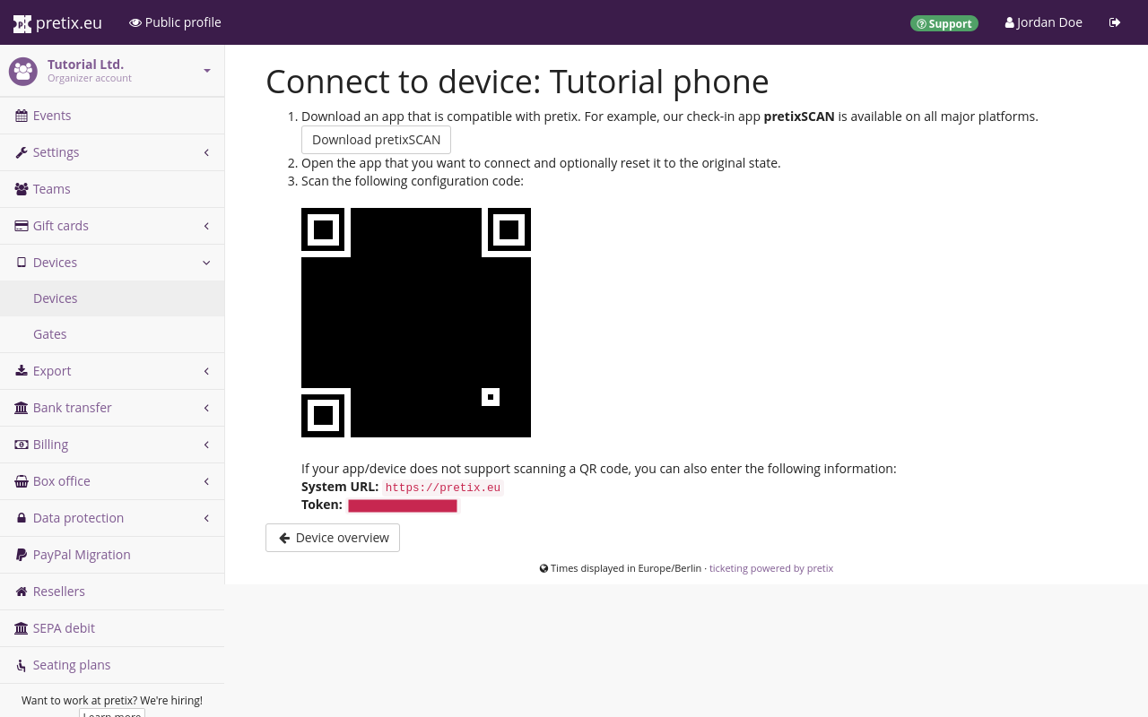 "Connect to device" page, displaying instructions for installing pretixSCAN, a QR code, and a token.