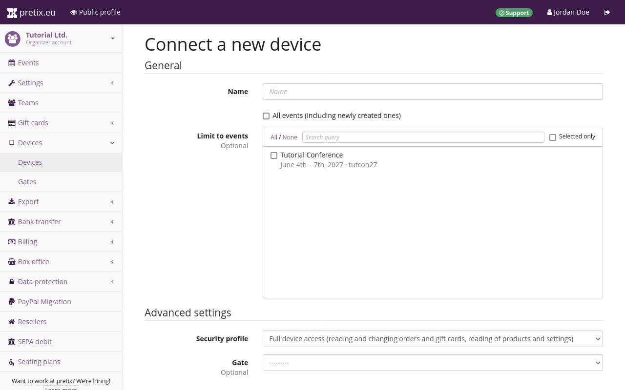 "Connect a new device" page, showing options for the name of the device, the events it should have access to, its security profile, and gate.